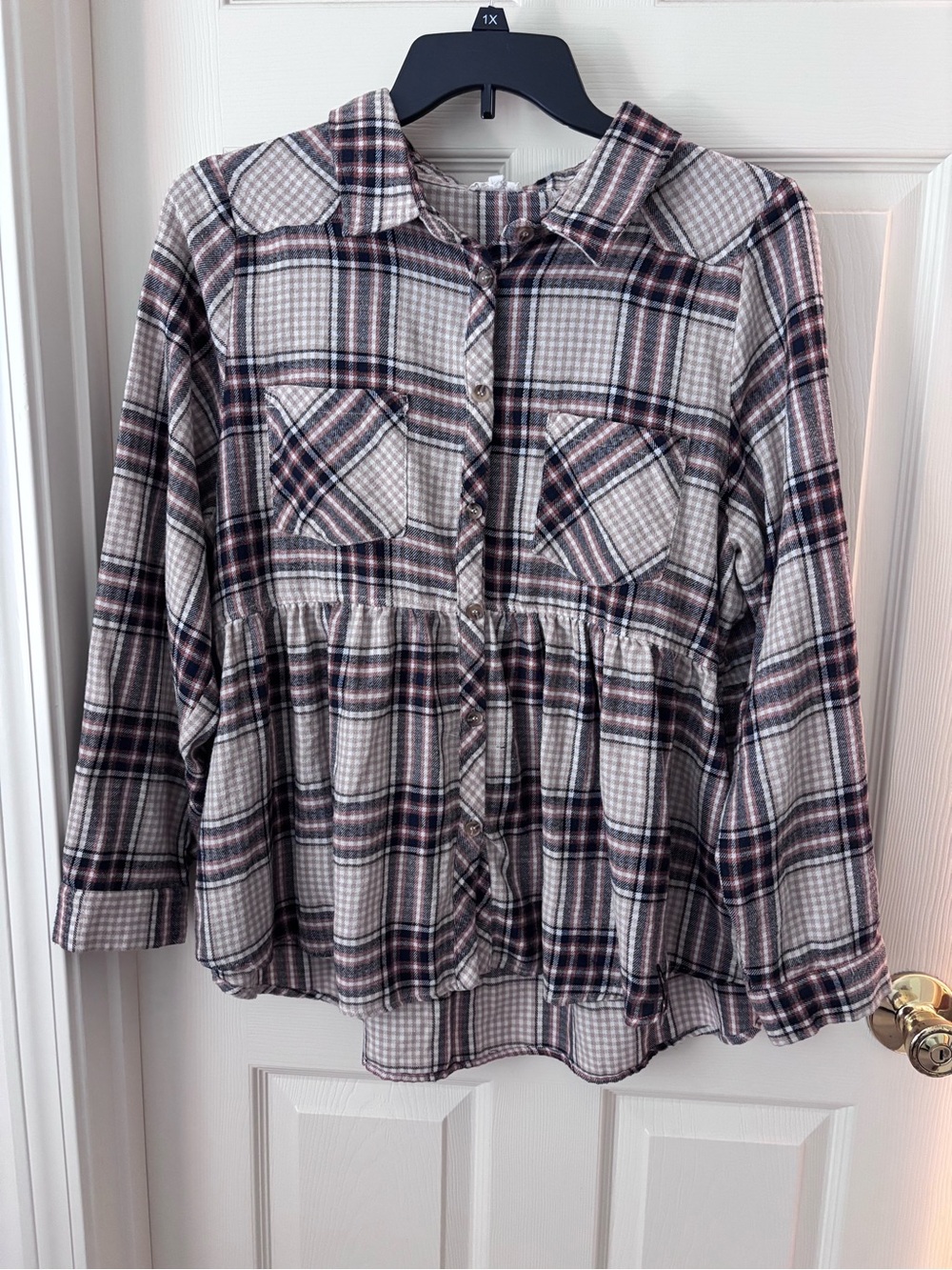 Plaid Button-Front Peplum Shirt in Cream and Black